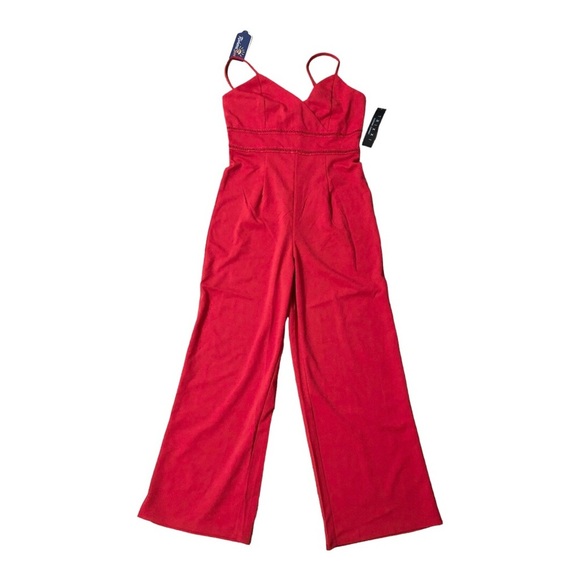 Trixxi Red spaghetti strap v-neck perforated waist jumpsuit size large new‎ - Picture 6 of 16